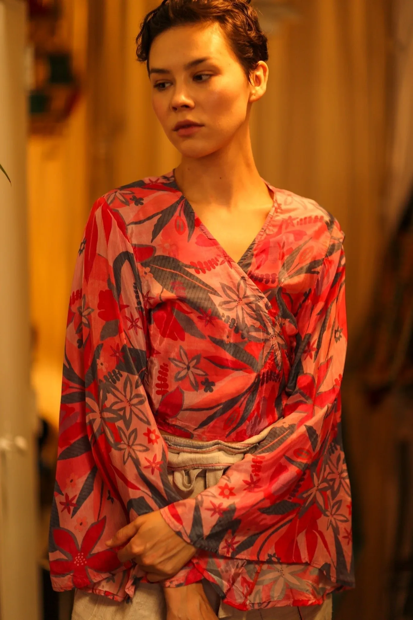 SILK WRAP TOP AURELIA PINK JUNGLE