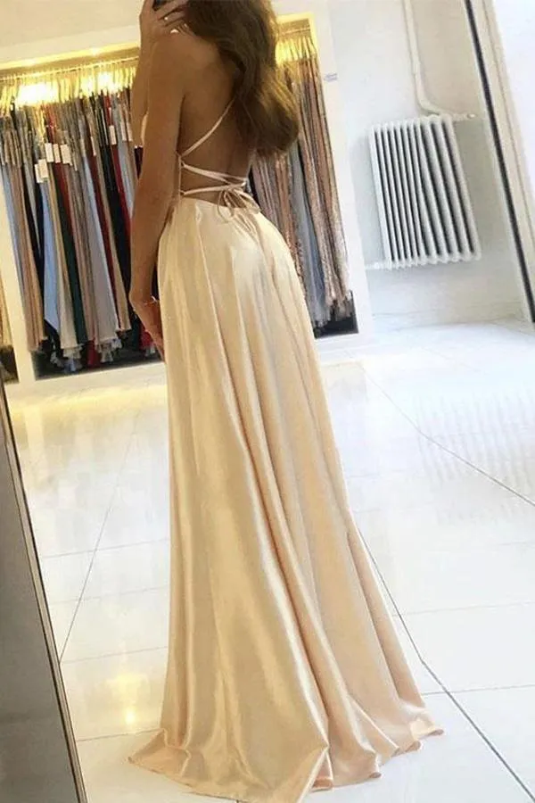 Simple A-line Satin Long Prom Dress Formal Dress With Split TP0990