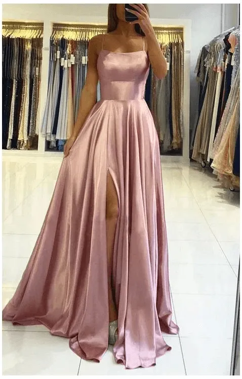 Simple A-line Satin Long Prom Dress Formal Dress With Split TP0990