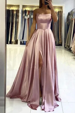 Simple Stretch Satin A-Line Scoop Split Long Prom Dress, Evening Gowns, SP688