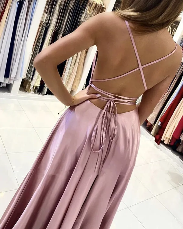 Simple Stretch Satin A-Line Scoop Split Long Prom Dress, Evening Gowns, SP688