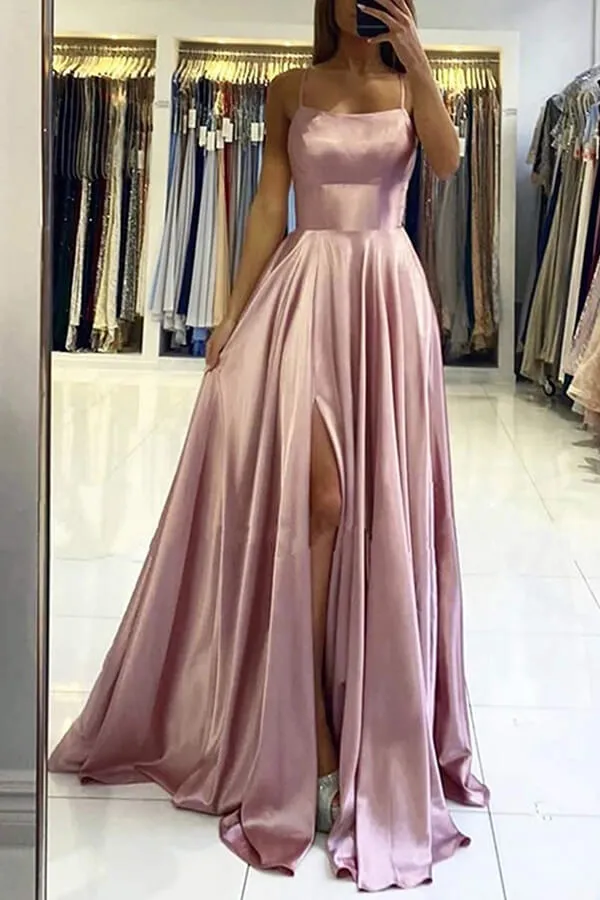 Simple Stretch Satin A-Line Scoop Split Long Prom Dress, Evening Gowns, SP688