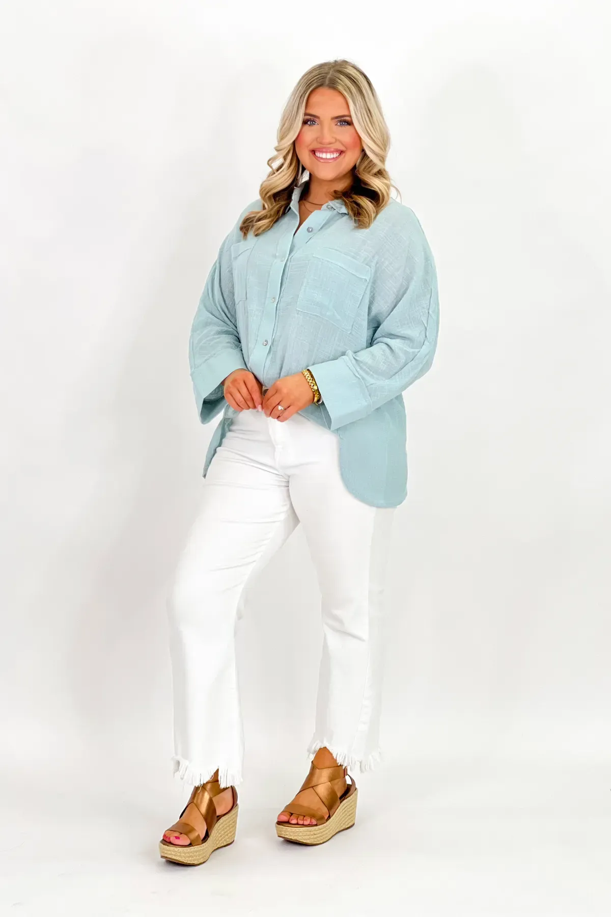 Sky Linen Button Up Top