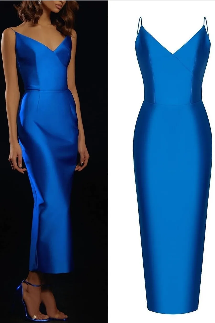 Slim Satin Blue Prom Gowns with V-neckline