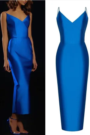 Slim Satin Blue Prom Gowns with V-neckline