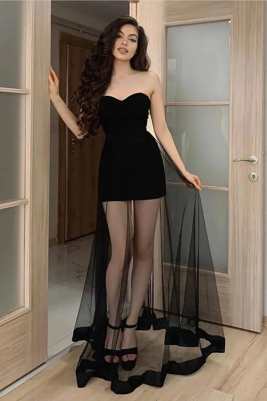 Slim Sweetheart Black Prom Gown with Sheer Skirt