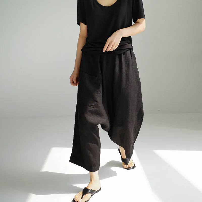 Spring Summer Artistic Texture Linen Cotton Cropped Wide Leg Pants Design Elastic Waist Pocket Loose Slimming Baggy Pants