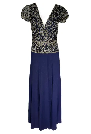 Stavropoulos Classic Navy Silk Crepe Gown with Gold Metallic Embroidery