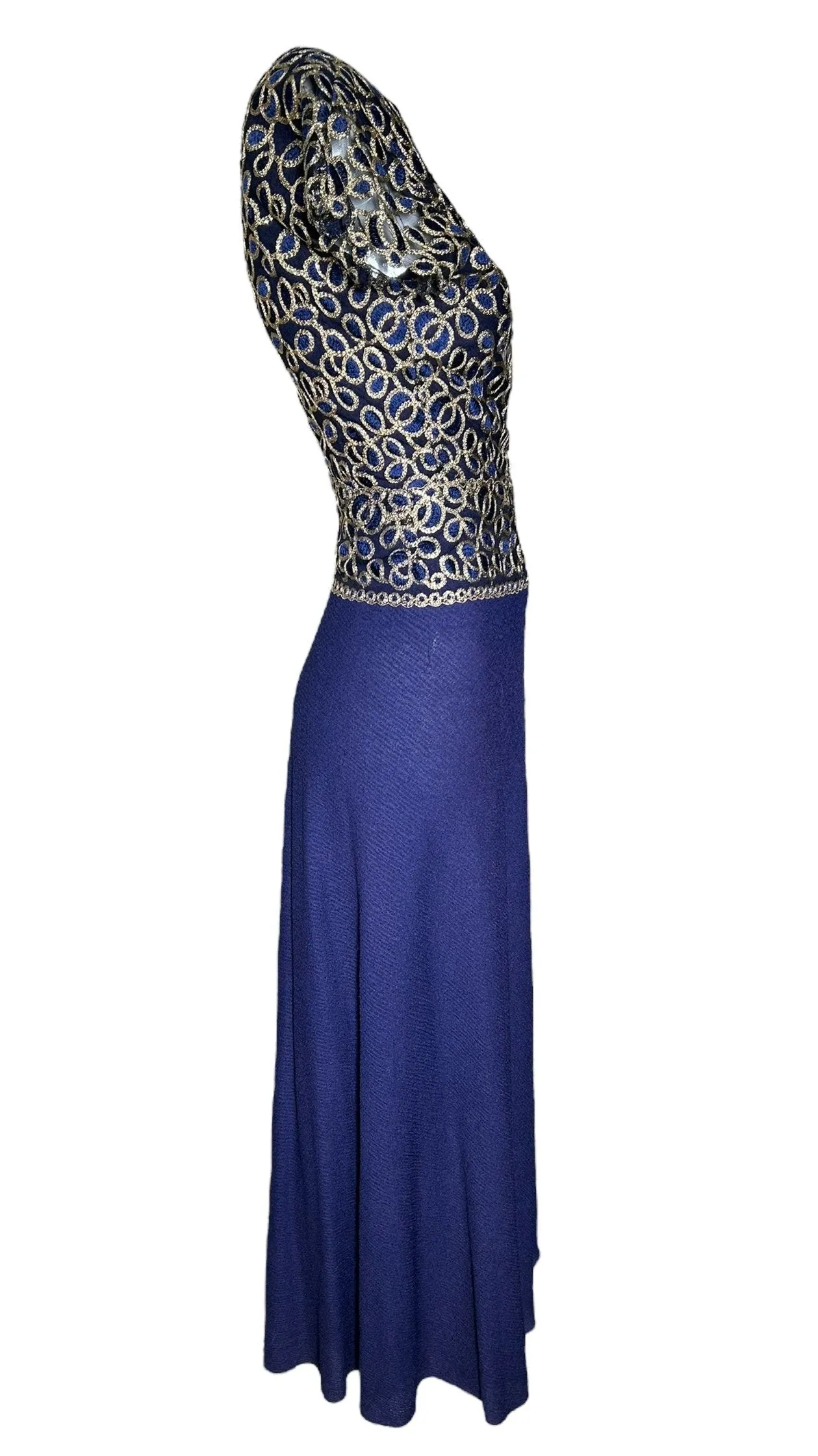 Stavropoulos Classic Navy Silk Crepe Gown with Gold Metallic Embroidery