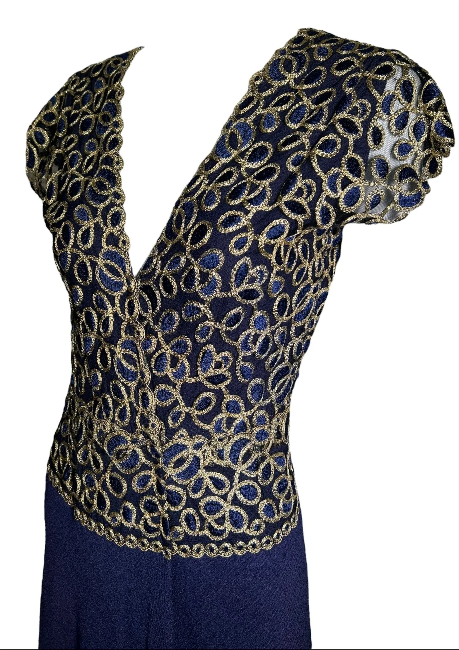 Stavropoulos Classic Navy Silk Crepe Gown with Gold Metallic Embroidery