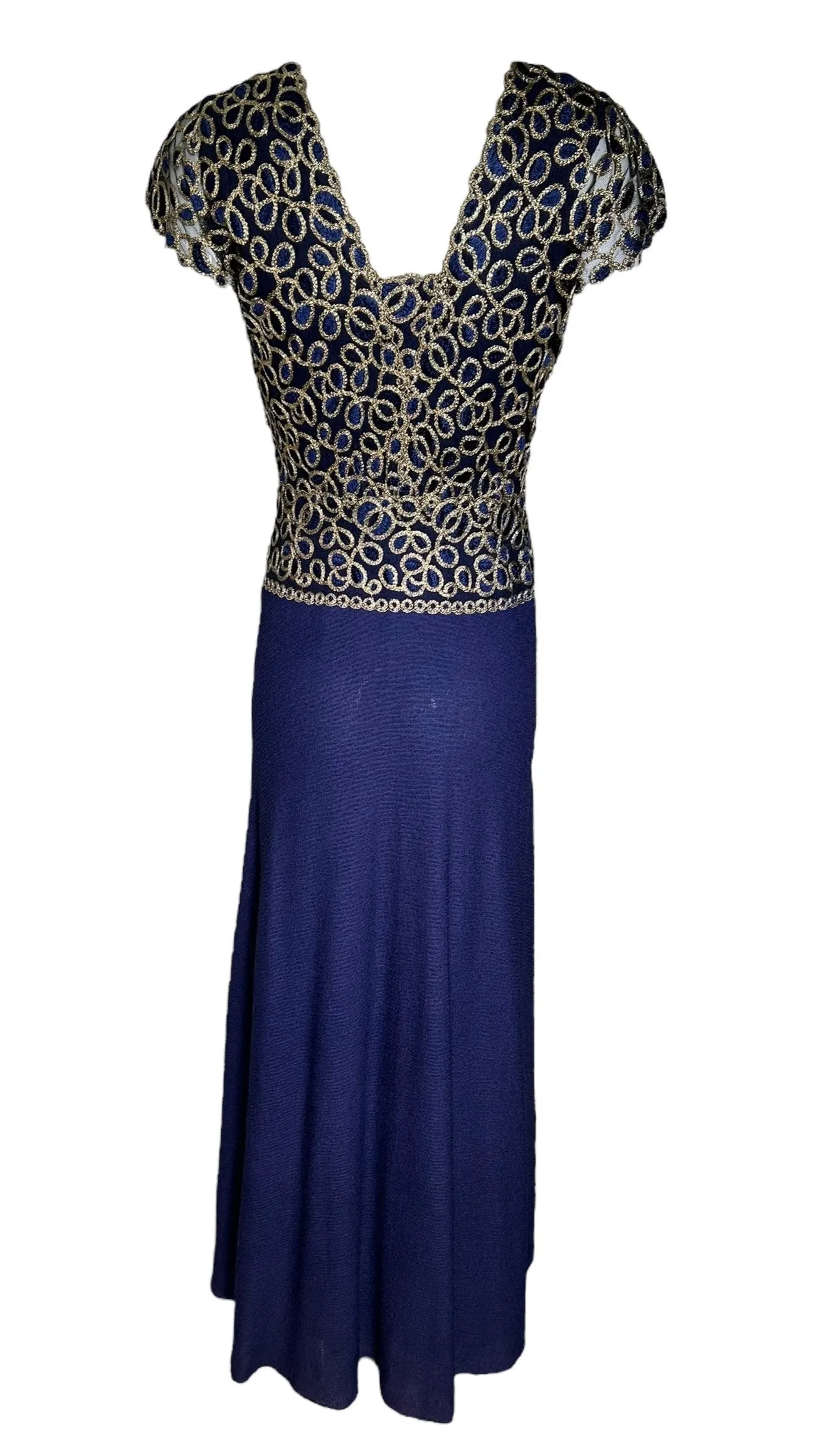Stavropoulos Classic Navy Silk Crepe Gown with Gold Metallic Embroidery