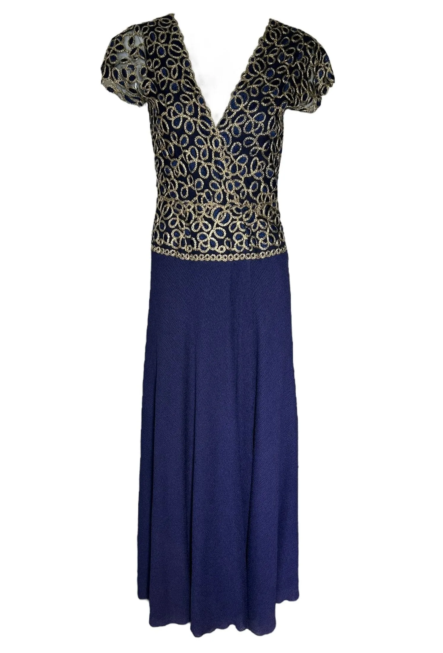 Stavropoulos Classic Navy Silk Crepe Gown with Gold Metallic Embroidery