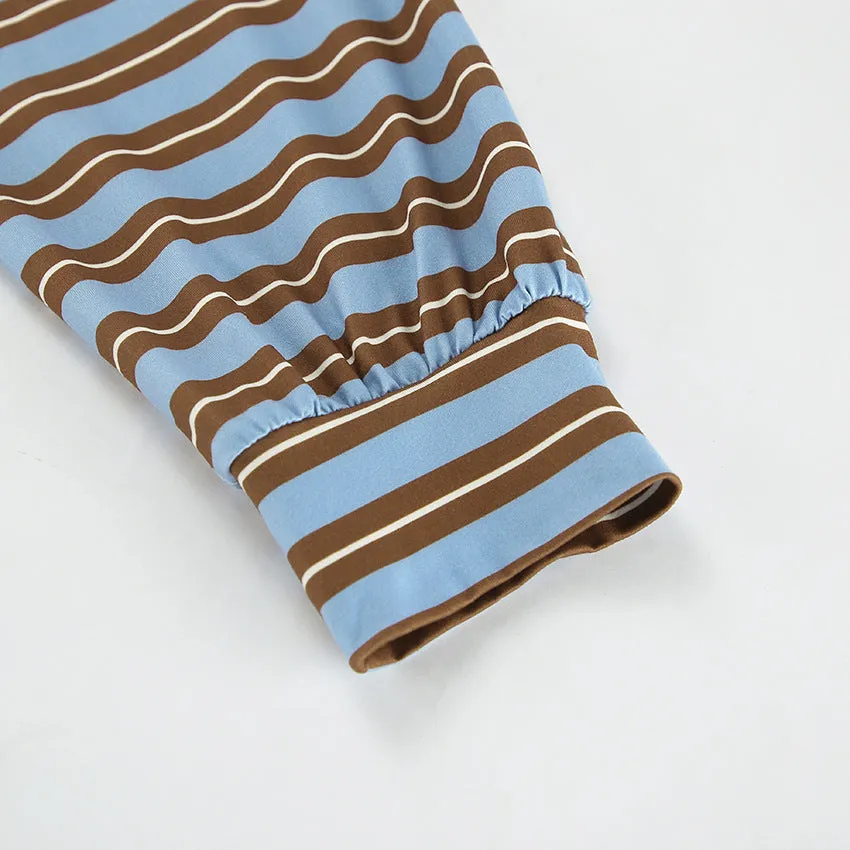 Striped Print Buttons Contrast Turndown Collar Tops