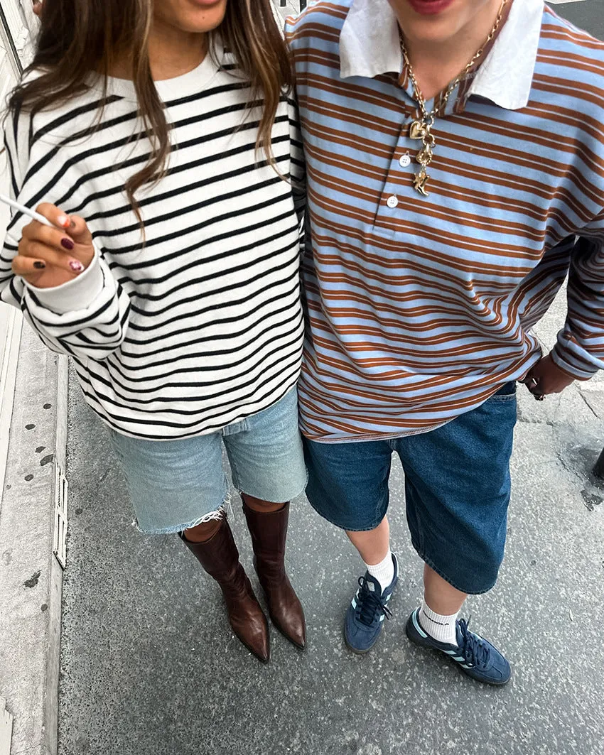 Striped Print Buttons Contrast Turndown Collar Tops