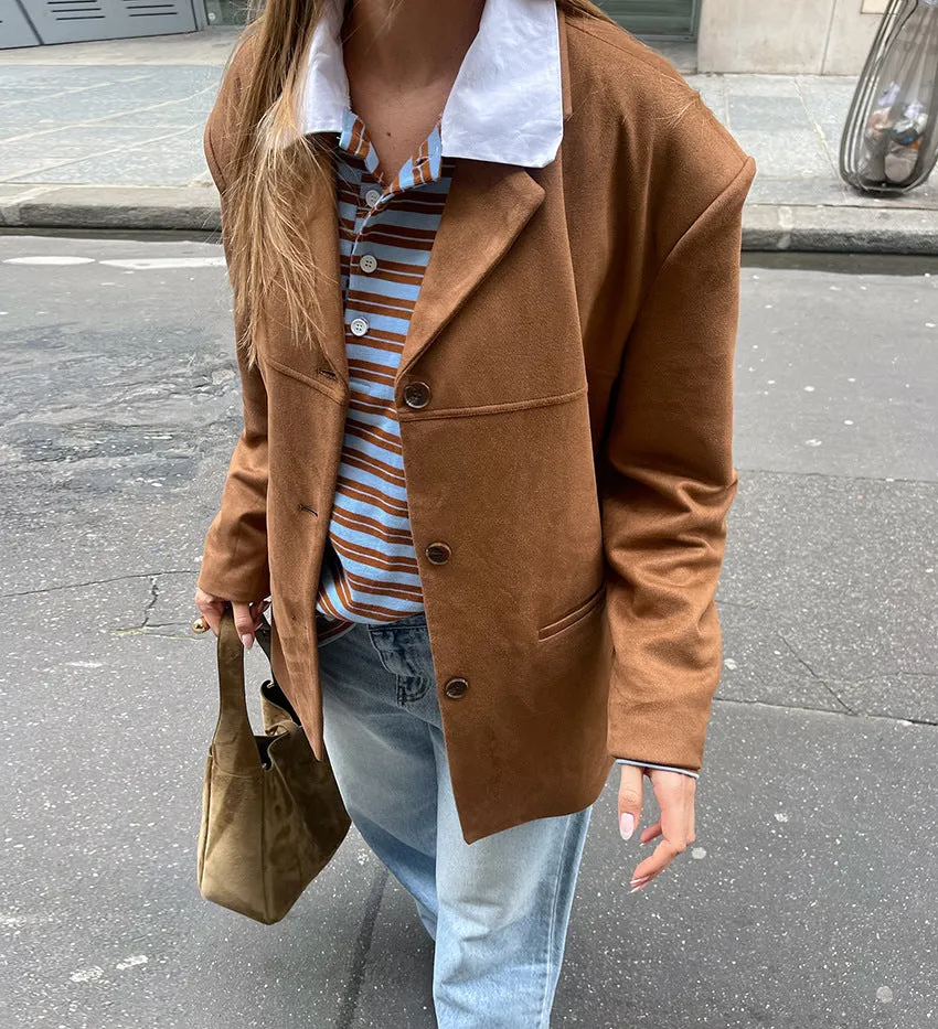 Striped Print Buttons Contrast Turndown Collar Tops