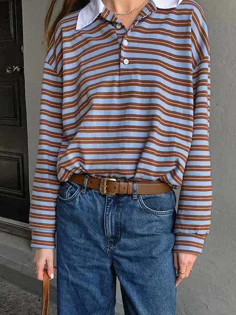 Striped Print Buttons Contrast Turndown Collar Tops