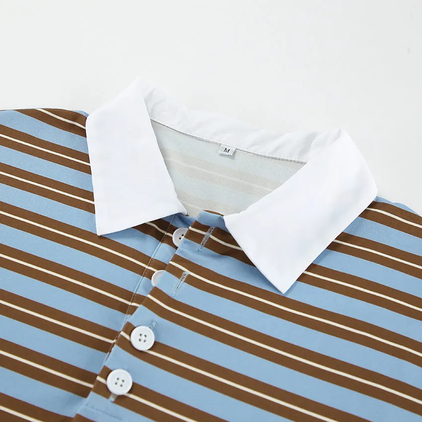 Striped Print Buttons Contrast Turndown Collar Tops