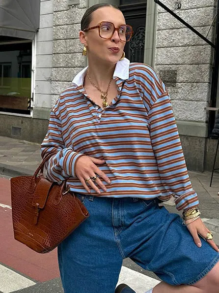 Striped Print Buttons Contrast Turndown Collar Tops