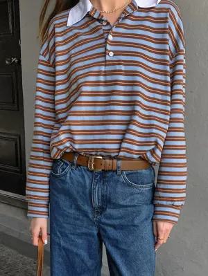Striped Print Buttons Contrast Turndown Collar Tops