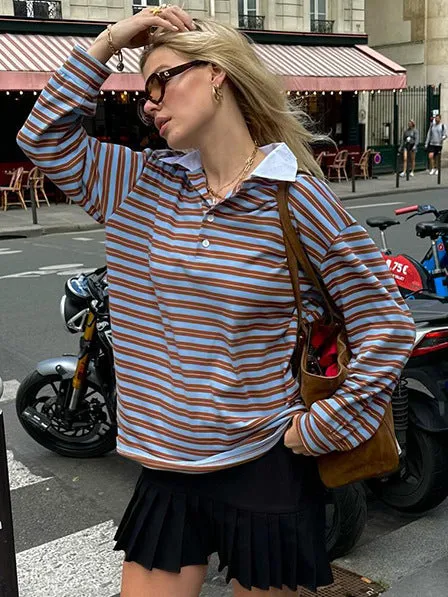 Striped Print Buttons Contrast Turndown Collar Tops