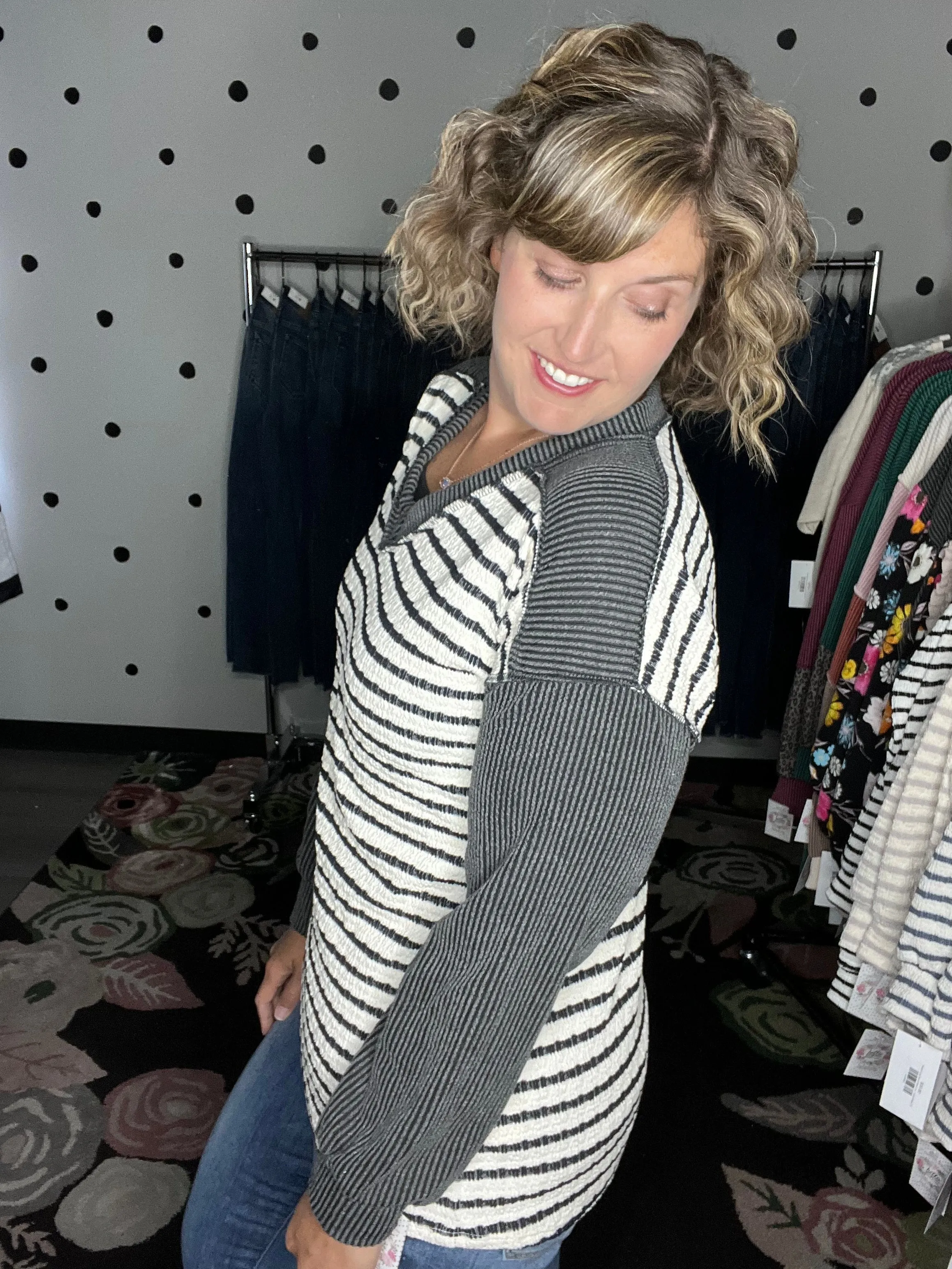 Striped V-Neck with Solid Sleeves