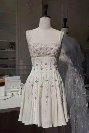 Stunning White Straps A-Line Beading Short Party Dress Mini Birthday Dress, DP4890