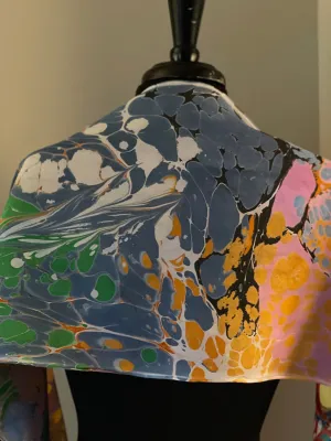 Summer color twice marbled Charmeuse Silk 72x14” bold fun. This beautiful silk makes a unique dresser cover and scarf