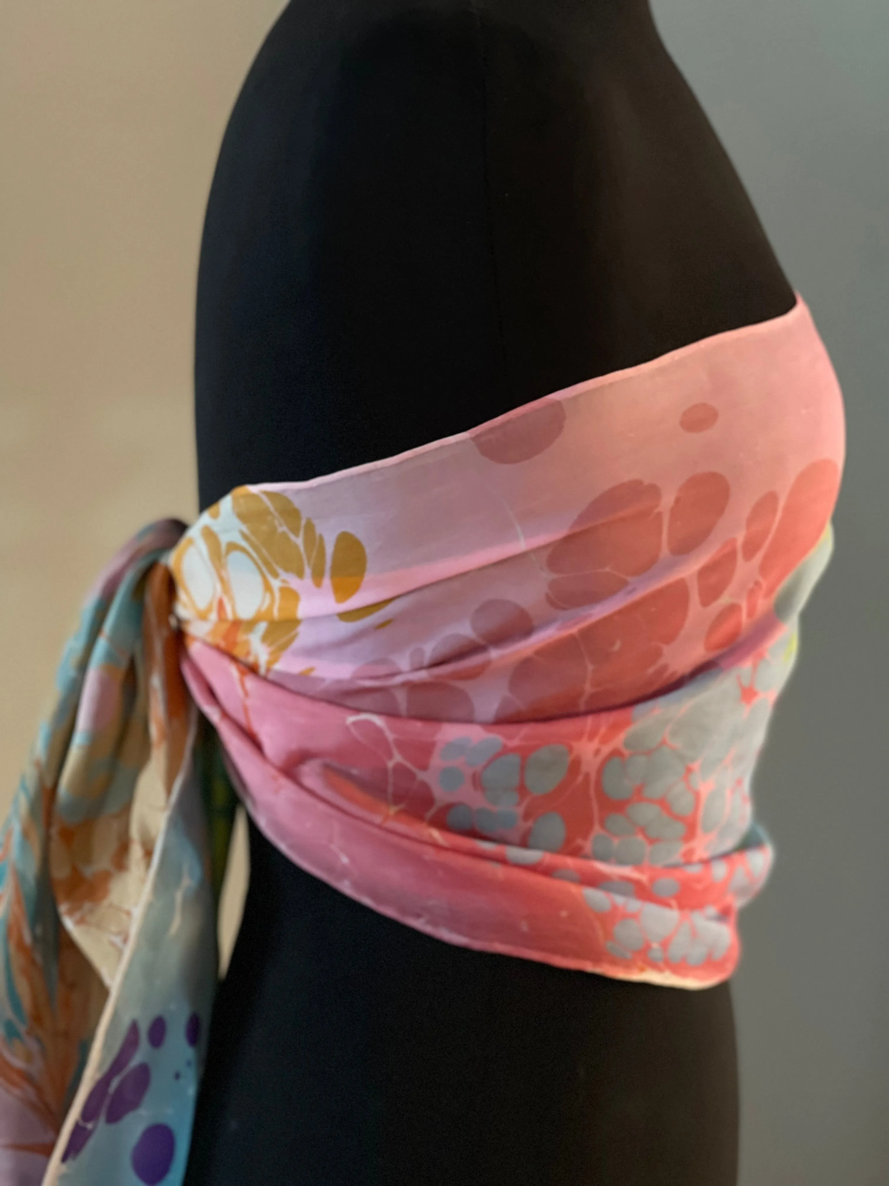 Summer color   water marbled 8mm Habotai silk.  Hang on the wall, use as a table runner or wear this unique piece