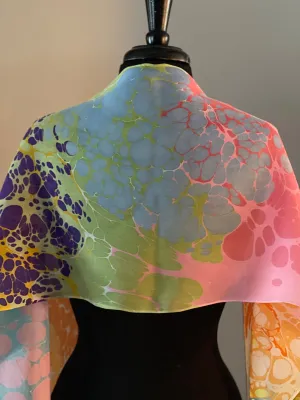 Summer color   water marbled 8mm Habotai silk.  Hang on the wall, use as a table runner or wear this unique piece