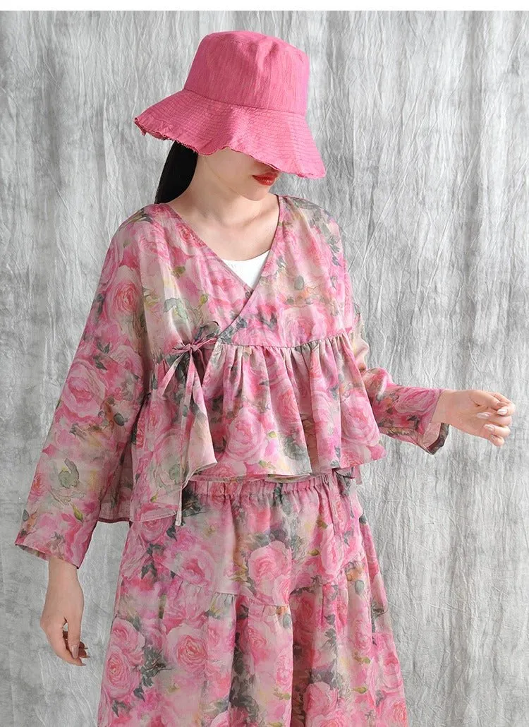 Summer Linen Floral Top And Harem Pants Set