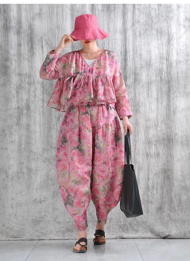 Summer Linen Floral Top And Harem Pants Set