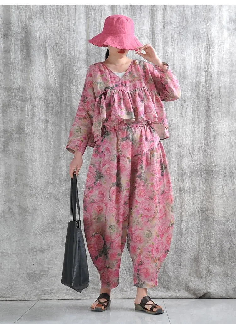 Summer Linen Floral Top And Harem Pants Set