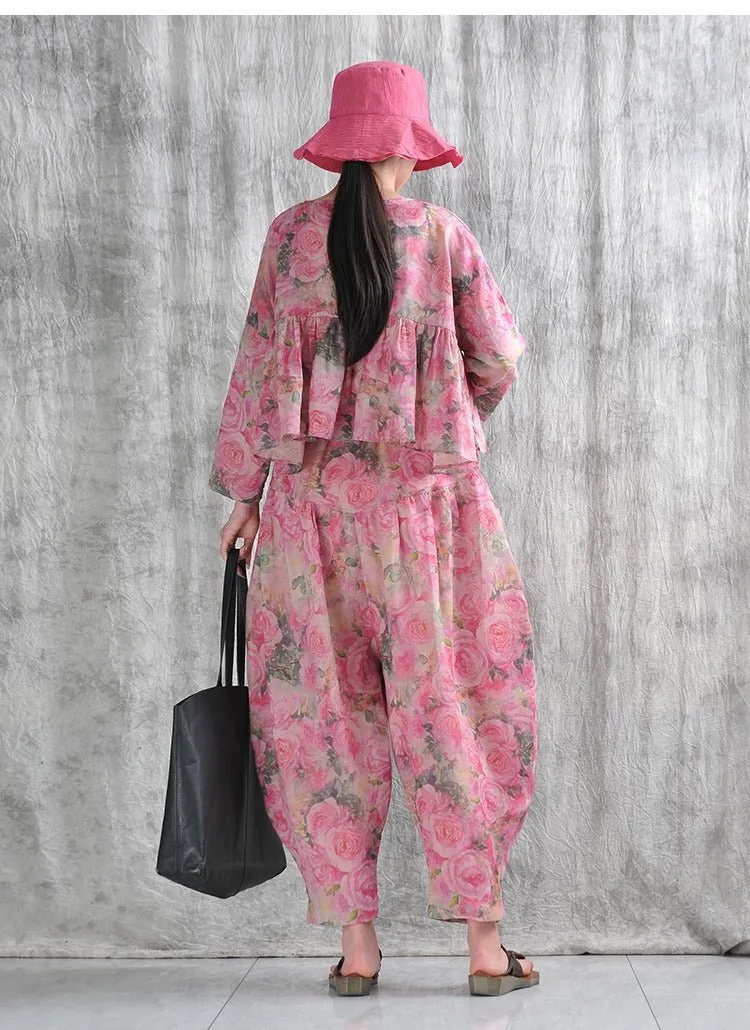 Summer Linen Floral Top And Harem Pants Set