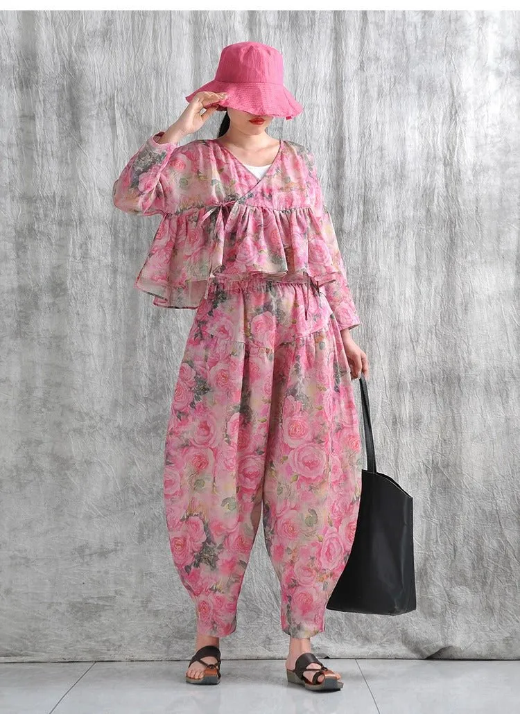 Summer Linen Floral Top And Harem Pants Set