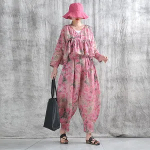 Summer Linen Floral Top And Harem Pants Set