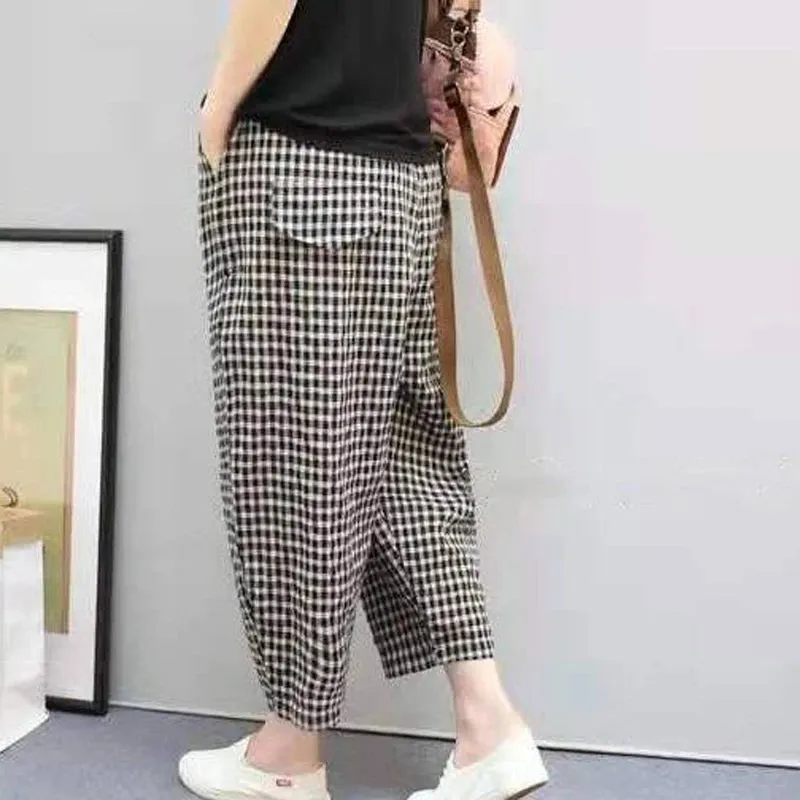 Summer Plaid Fashion Haren Pants Women High Street Casual Loose Pockets High Waist Pure Cotton All-match Comfortable Trousers