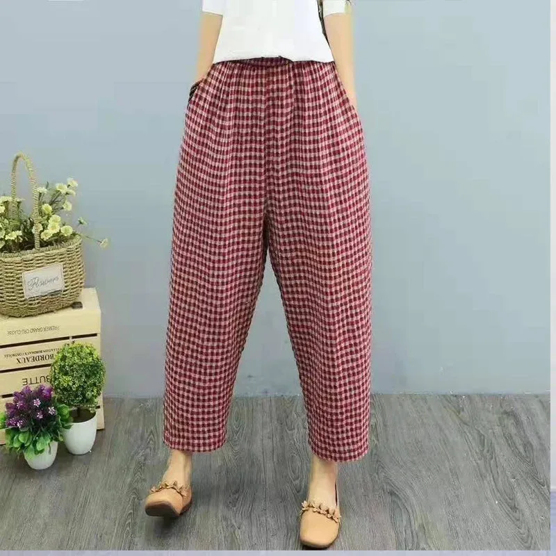 Summer Plaid Fashion Haren Pants Women High Street Casual Loose Pockets High Waist Pure Cotton All-match Comfortable Trousers