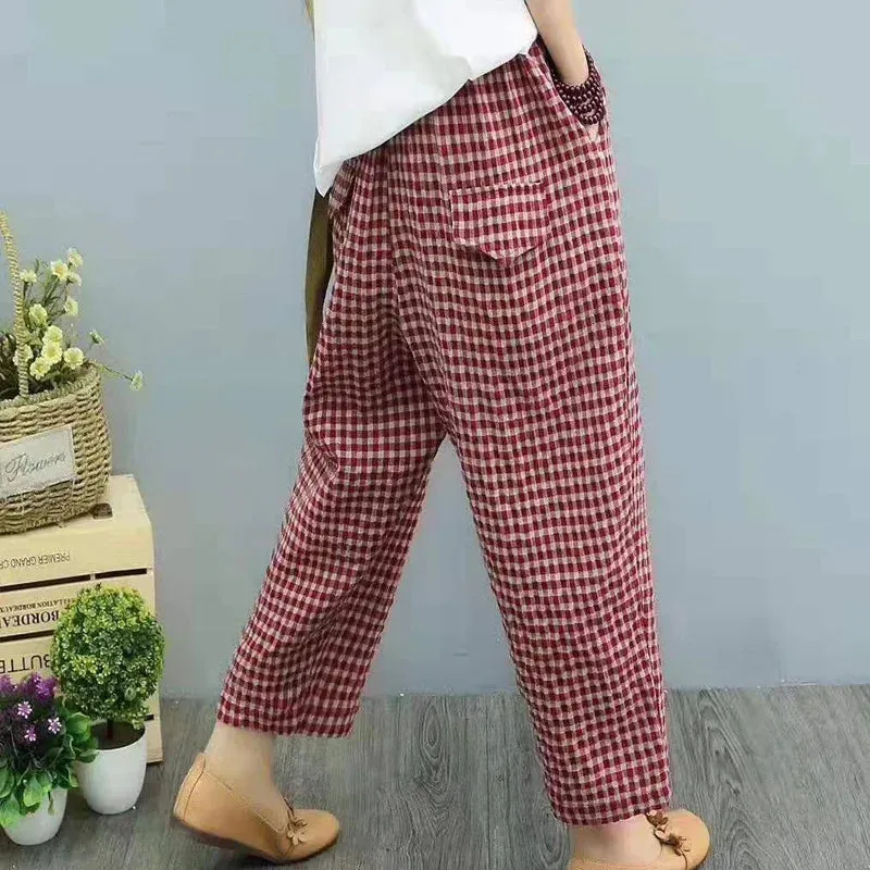 Summer Plaid Fashion Haren Pants Women High Street Casual Loose Pockets High Waist Pure Cotton All-match Comfortable Trousers