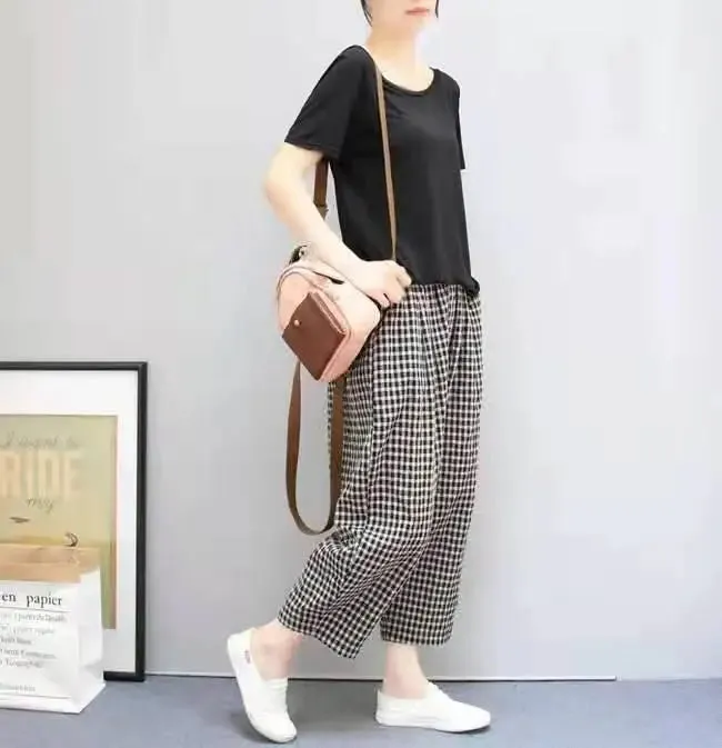 Summer Plaid Fashion Haren Pants Women High Street Casual Loose Pockets High Waist Pure Cotton All-match Comfortable Trousers