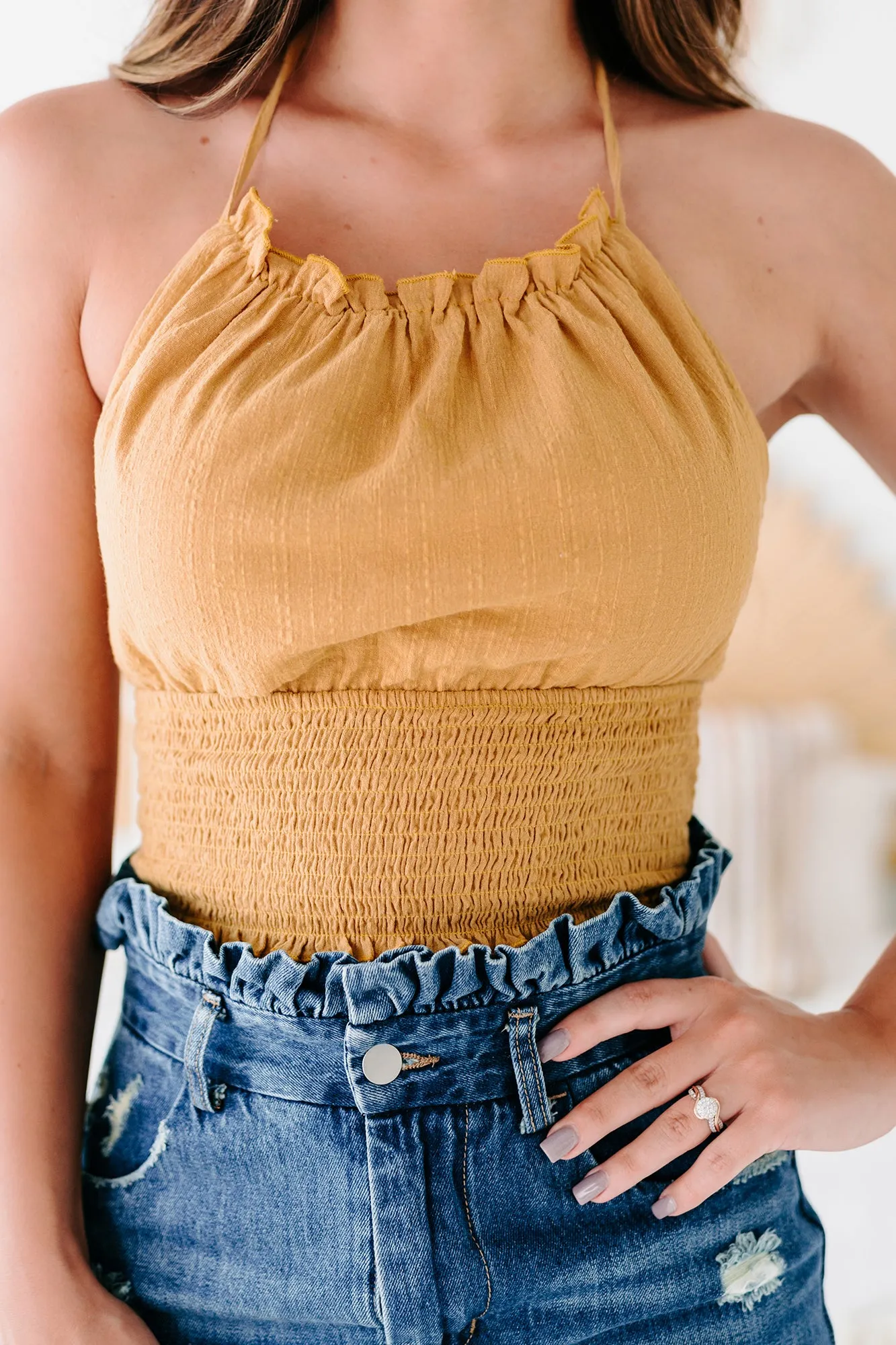 Sun Soaked Smocked Halter Crop Top (Mustard)