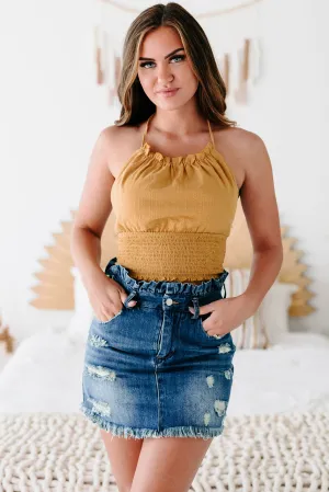 Sun Soaked Smocked Halter Crop Top (Mustard)