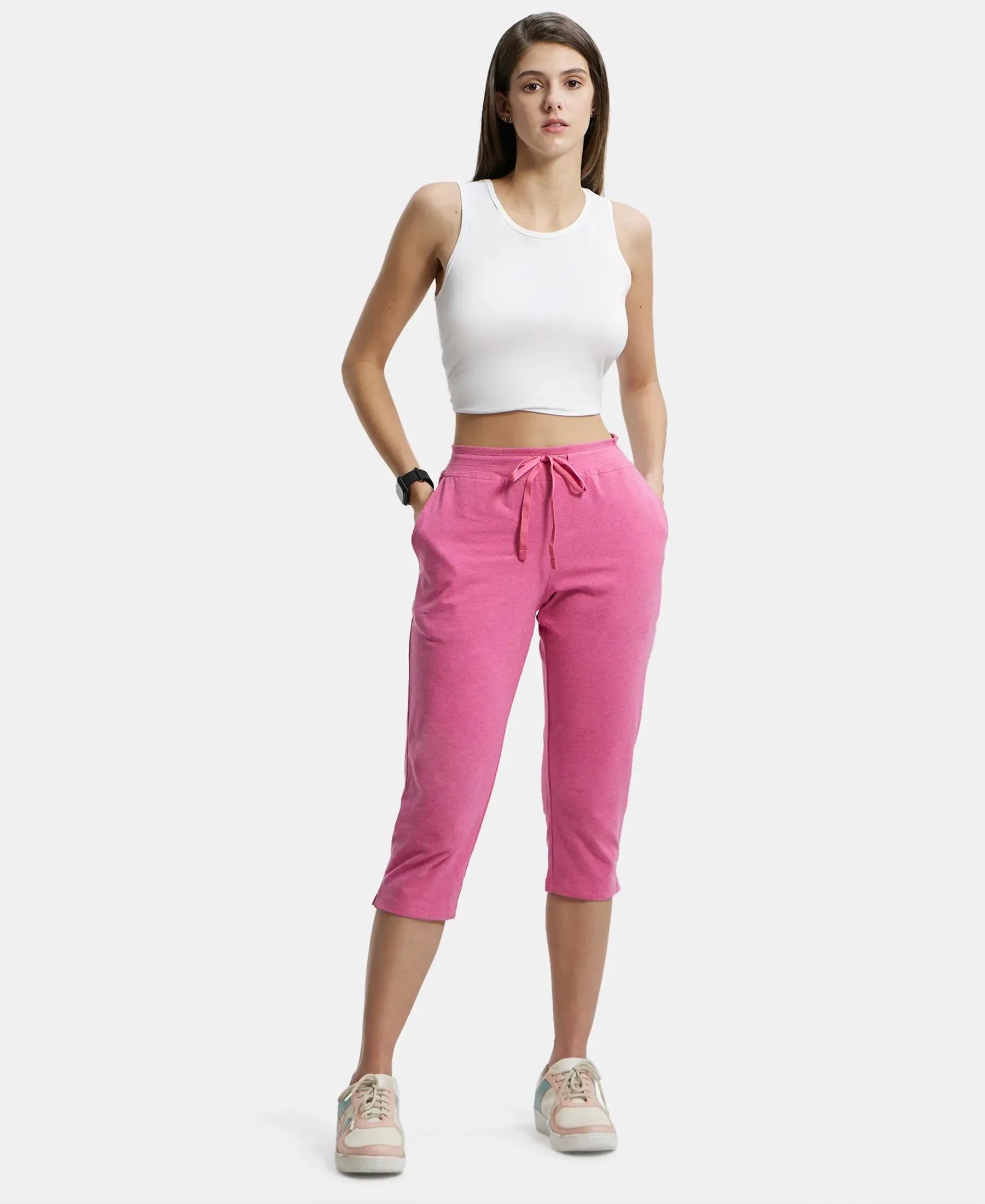 Super Combed Cotton Elastane Stretch Slim Fit Capri with Side Pockets - Ibis Rose Melange