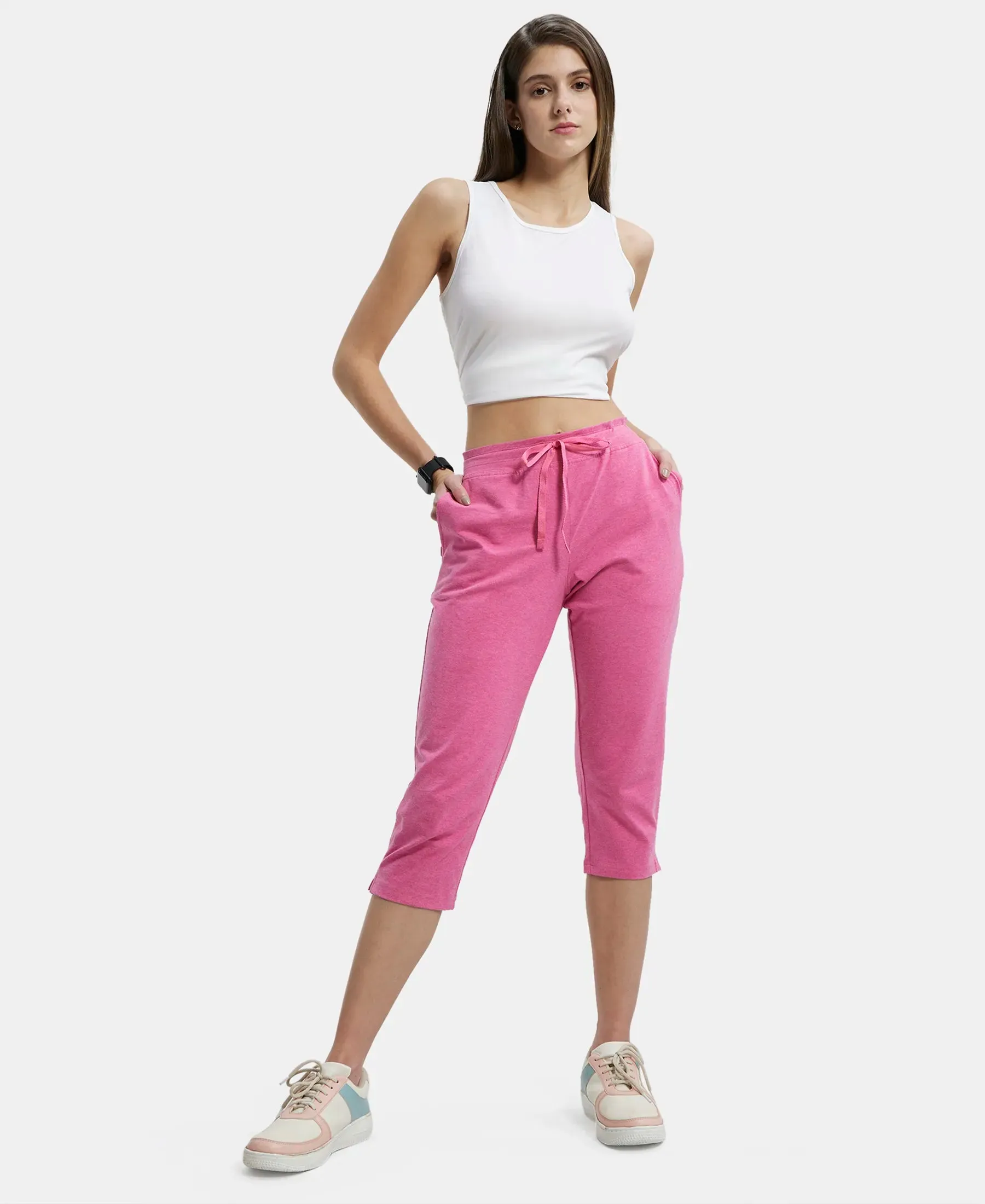 Super Combed Cotton Elastane Stretch Slim Fit Capri with Side Pockets - Ibis Rose Melange