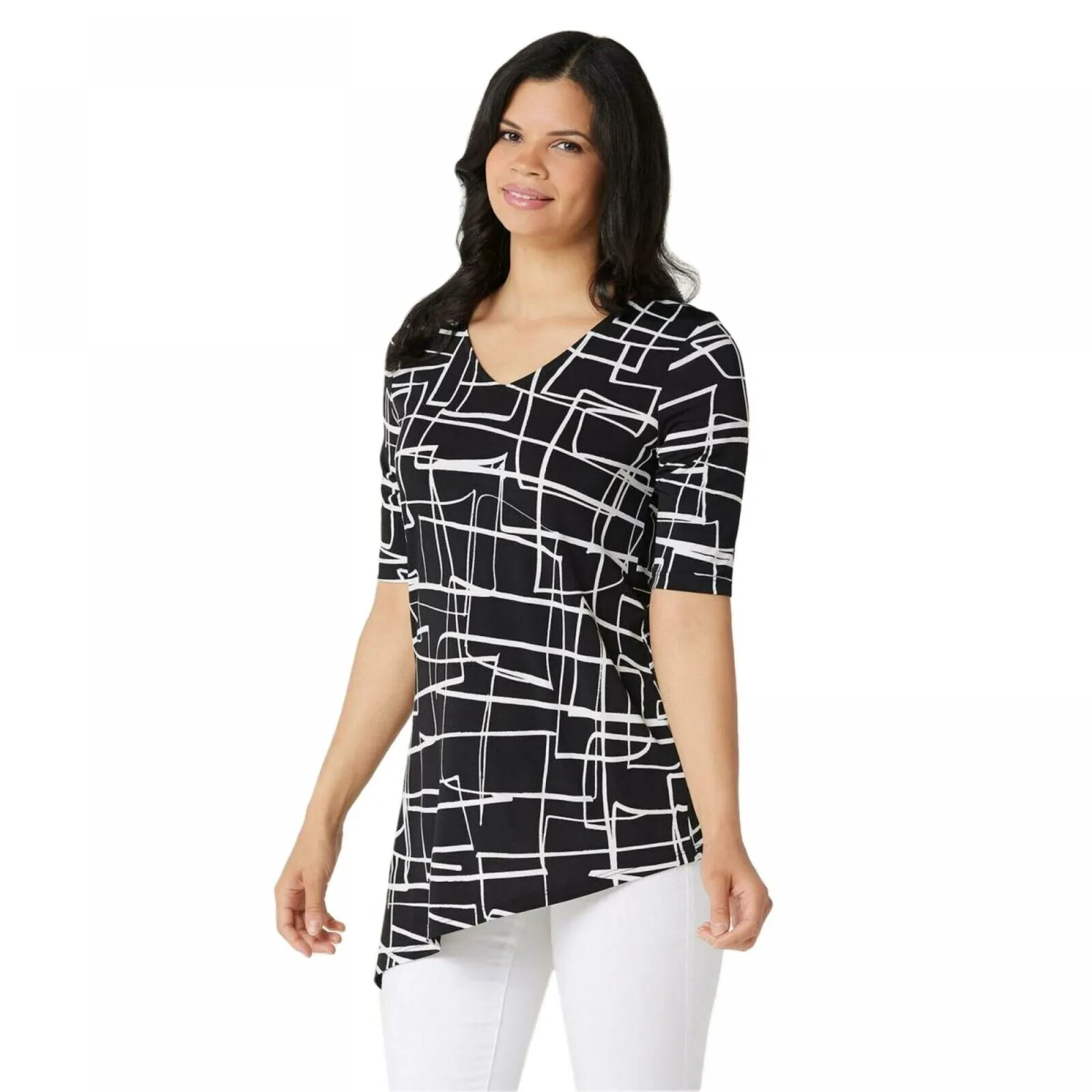 Susan Graver Women's Printed Liquid Knit Asymmetrical Hem Top