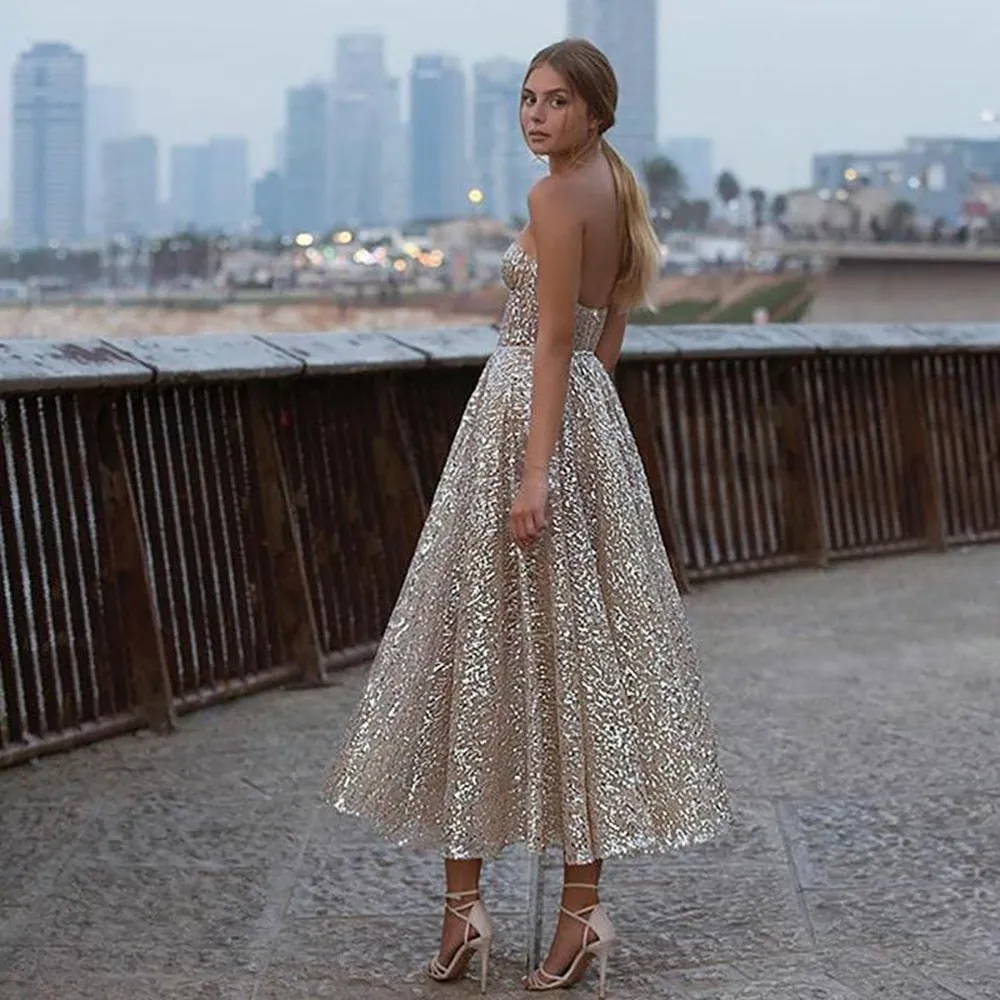 Sweetheart Backless Ankle Length Evening Gowns Shiny
