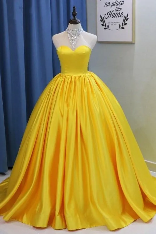 Sweetheart Yellow Prom Ball Gown with Satin Skirt