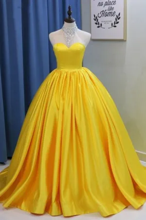 Sweetheart Yellow Prom Ball Gown with Satin Skirt