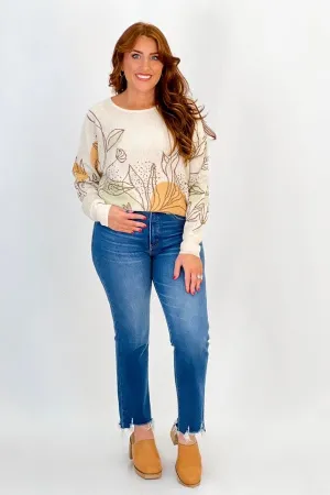 Taupe and Mustard Floral Print Long Sleeve Sweater *FINAL SALE*