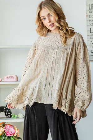 Taupe Washed Eyelet Blouse