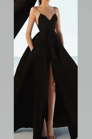 Thin Straps Long Black Prom Gown with Pockets